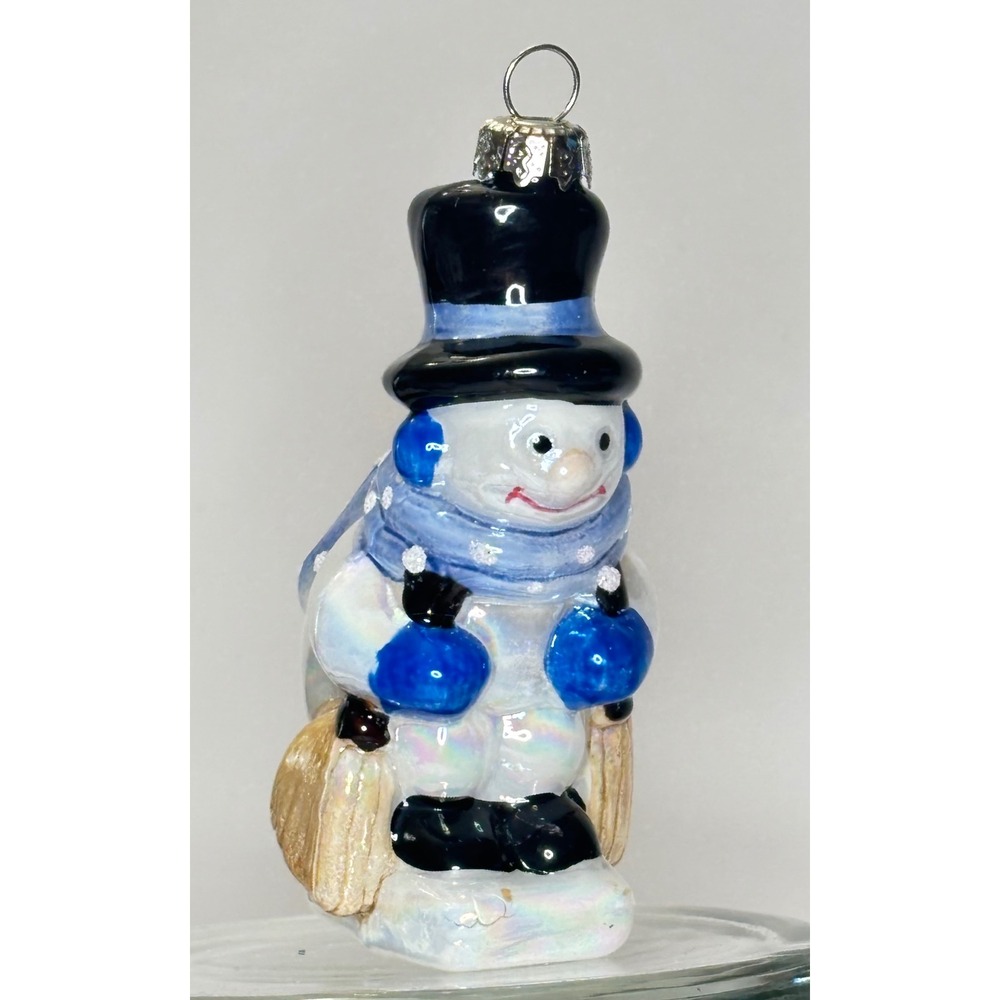 Vintage Iridescent Glass Winter Snowman Christmas Ornament Skiing Blue White